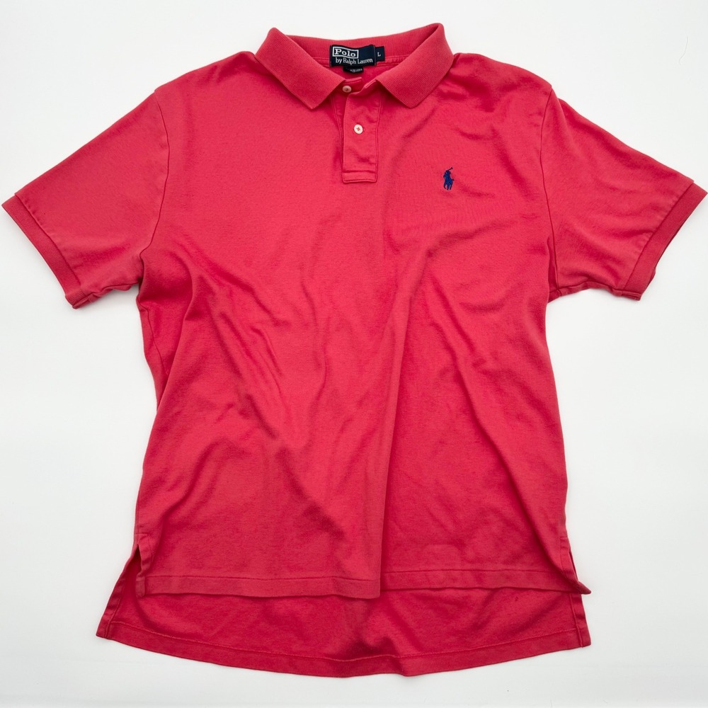 Polo Ralph Lauren Mens Large Pink Short Sleeve Pique Polo Shirt Blue Pony Logo